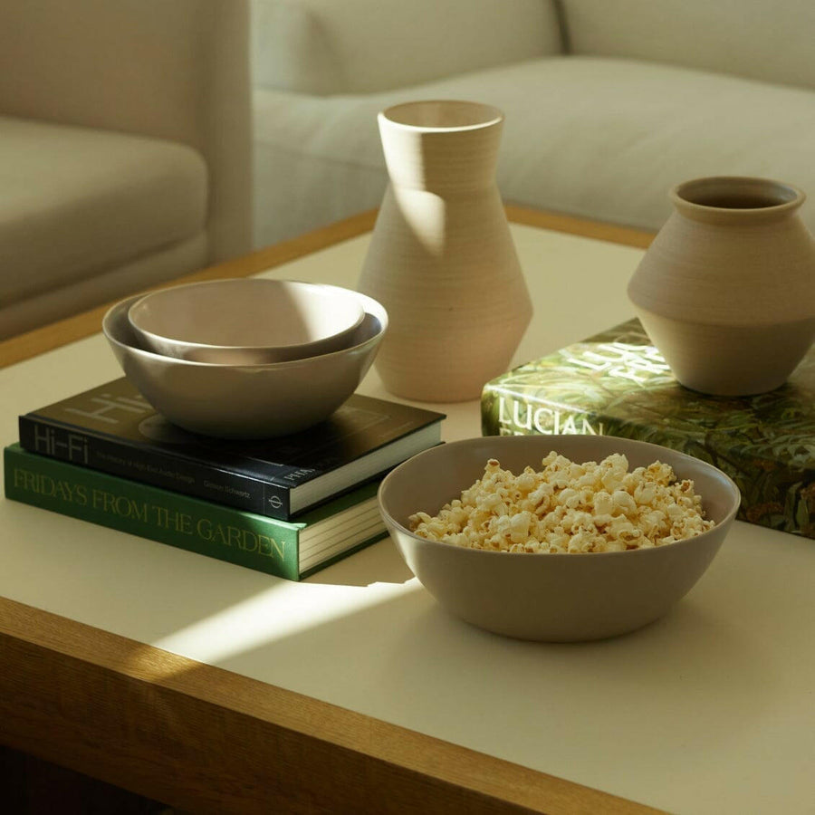 Nested serving bowls designed for space-saving storage, perfect for efficient kitchen organization and elegant table settings.